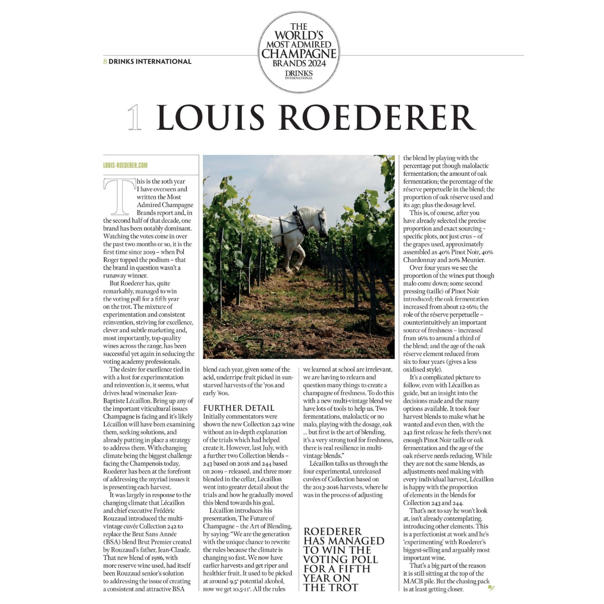 Congratulations to @LouisRoederer_ for its recognition as the #1 'World's Most Admired Champagne Brand' for the fifth year in a row by @DrinksIntMag! #TeamRoederer @JbLecaillon #HandinHandWithNature