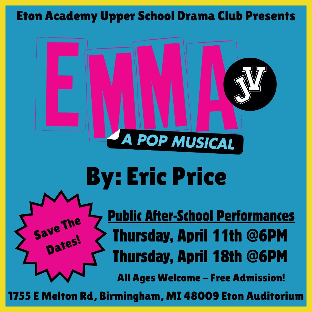 TheEtonAcademy's tweet image. Save the date for the Upper School Drama Club’s upcoming musical! 
.
.
.
#EtonAcademy #EtonApproach #IndividualizedLearning