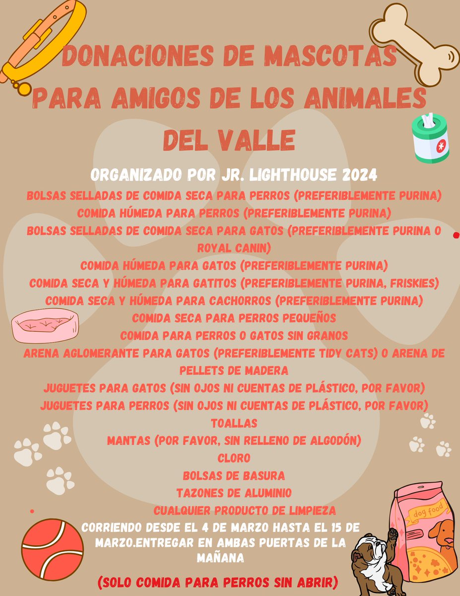 Jr. Lighthouse's second community outreach initiative is currently underway and will continue until March 15th. During this time, we are actively gathering donations for Animal Friends of the Valley. For more information, refer to the details provided on the flyer. Thank you!