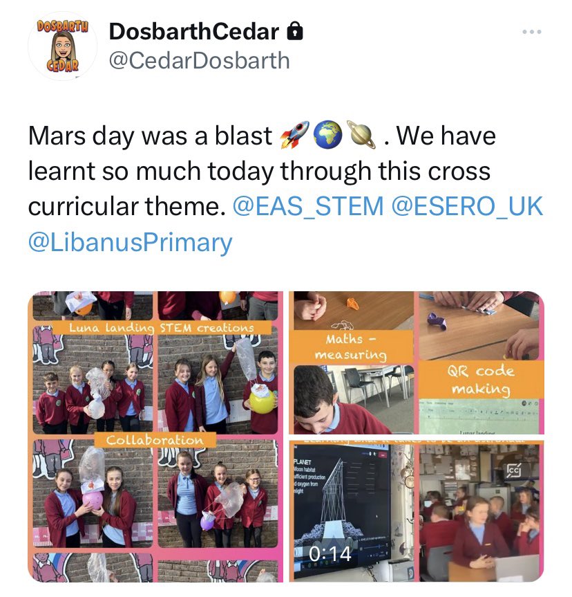 LibanusPrimary's tweet photo. Our oldest pupils took part in 
MARS DAY today and there were all kinds of STEM activities going on! 
It looked like so much fun! 
#MrsW #MarsDay24 https://t.co/N2sMJfnhWe