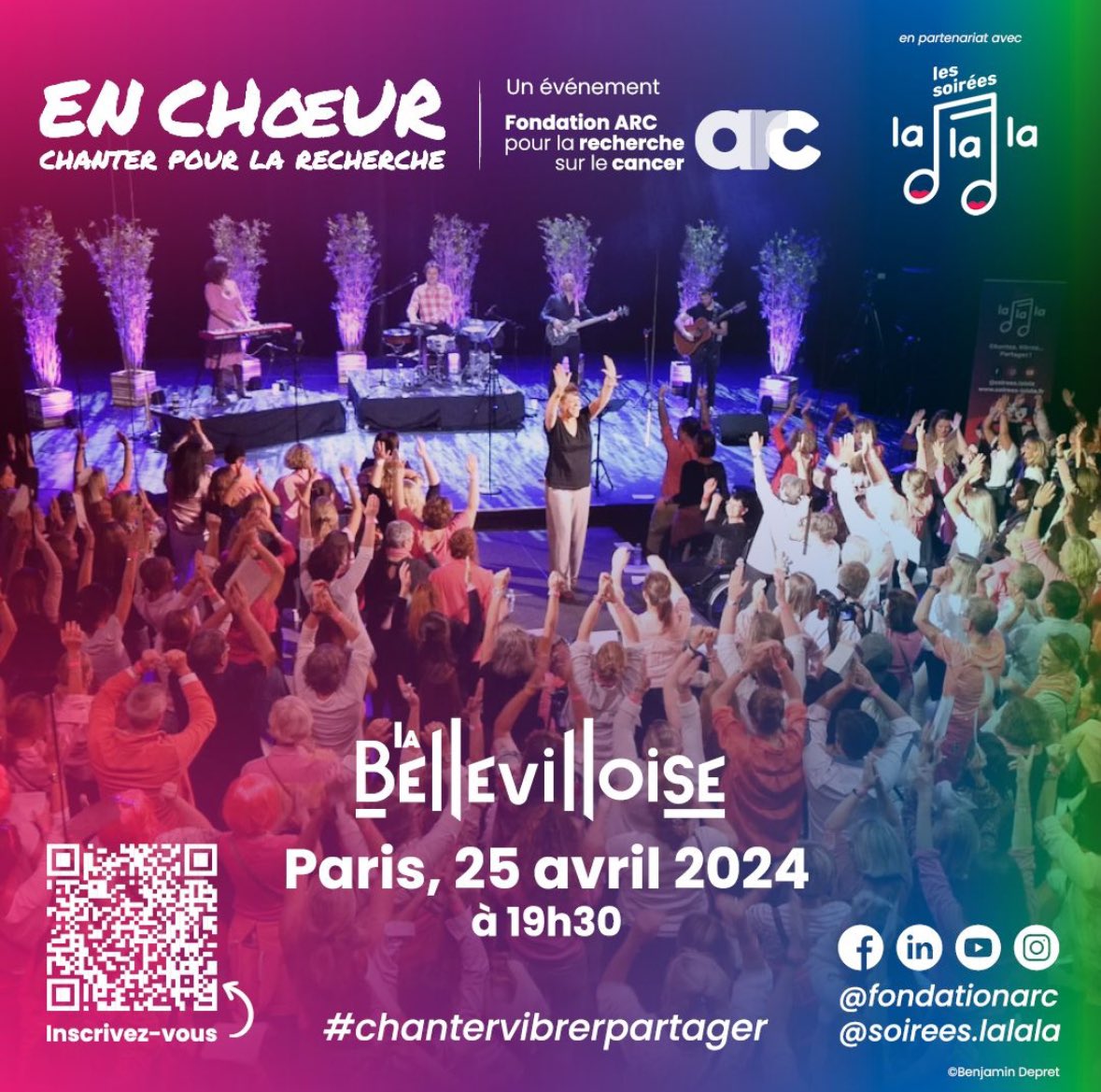 Rendez-vous jeudi 25 avril à La Bellevilloise (Paris, 20° arrondissement), à 19h30 ! Venez donner de la voix et vibrer à la soirée « En chœur, chanter pour la recherche » organisée par la Fondation ARC en partenariat avec Les Soirées La La La. Le concept ? 🎉 un lieu festif 🎵