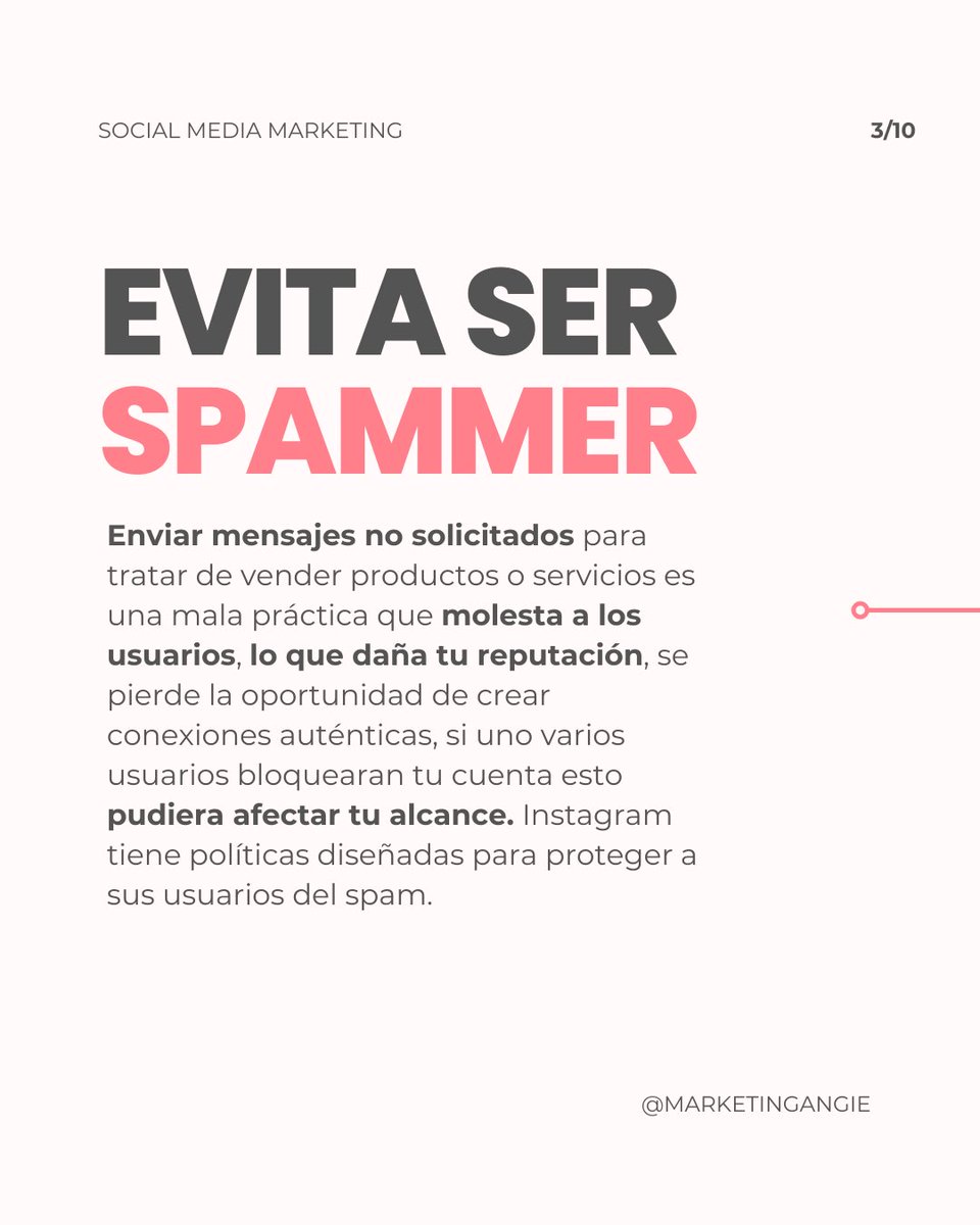 Evita ser spammer. Los mensajes no solicitados pueden dañar tu reputación La clave está en la comunicación genuina, no en la cantidad de DMs que envías. #MarketingConsciente