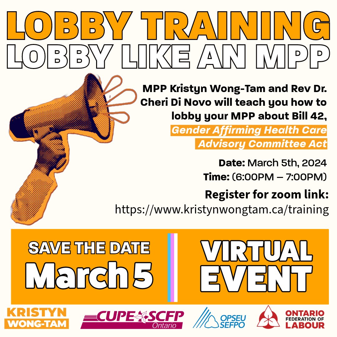 OFLabour's tweet photo. Today @ 6 PM‼️
Want to learn effective lobbying strategies for #Bill42, the Gender Affirming Health Care Advisory Committee Act? Join us to learn from the best: MPP @kristynwongtam & Rev Dr. Cheri Di Novo!
RSVP for zoom link: https://t.co/wrrqJaK3n9
#OnLab #OnPoli https://t.co/ucNmXvu0cI