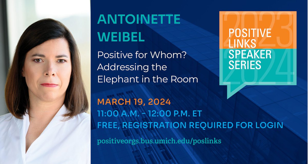 MOC Division of the Academy of Management (@moc_aom) on Twitter photo We are looking forward to hearing from Antoinette Weibel when she will present "Positive for Whom? Addressing the Elephant in the Room." <a href="/monicaworline/">Monica Worline</a> will host! Tuesday, March 19, 2024 at 11:00 am - 12:00 pm ET We are looking forward to hearing from Antoinette Weibel when she will present "Positive for Whom? Addressing the Elephant in the Room." <a href="/monicaworline/">Monica Worline</a> will host! Tuesday, March 19, 2024 at 11:00 am - 12:00 pm ET