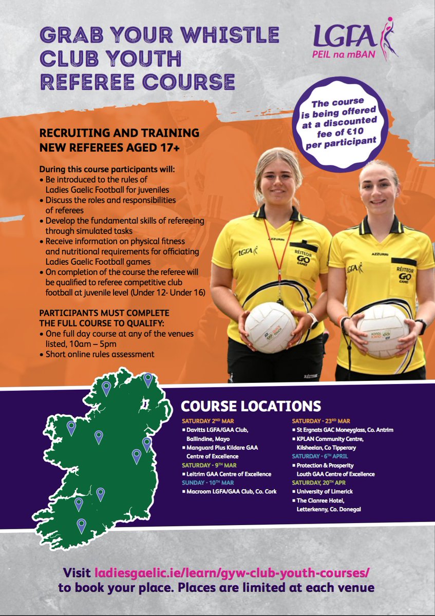 Our Grab Your Whistle club youth referee course is coming to a location near you soon! Recruiting and training new referees aged 17+ ✅ Places are limited at each of our selected venues - sign up now! ➡️ bit.ly/3SDh4fx #LGFA