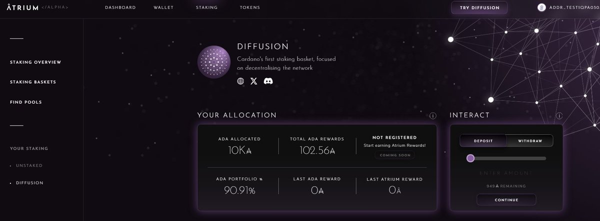 I am quite interested in this dapp, its appearance (UI/UX) is good. I have tried the staking basket diffusion feature when I made a deposit I didn't experience any problems 

@atrium_lab #Cardano #IncentivizedTestnet