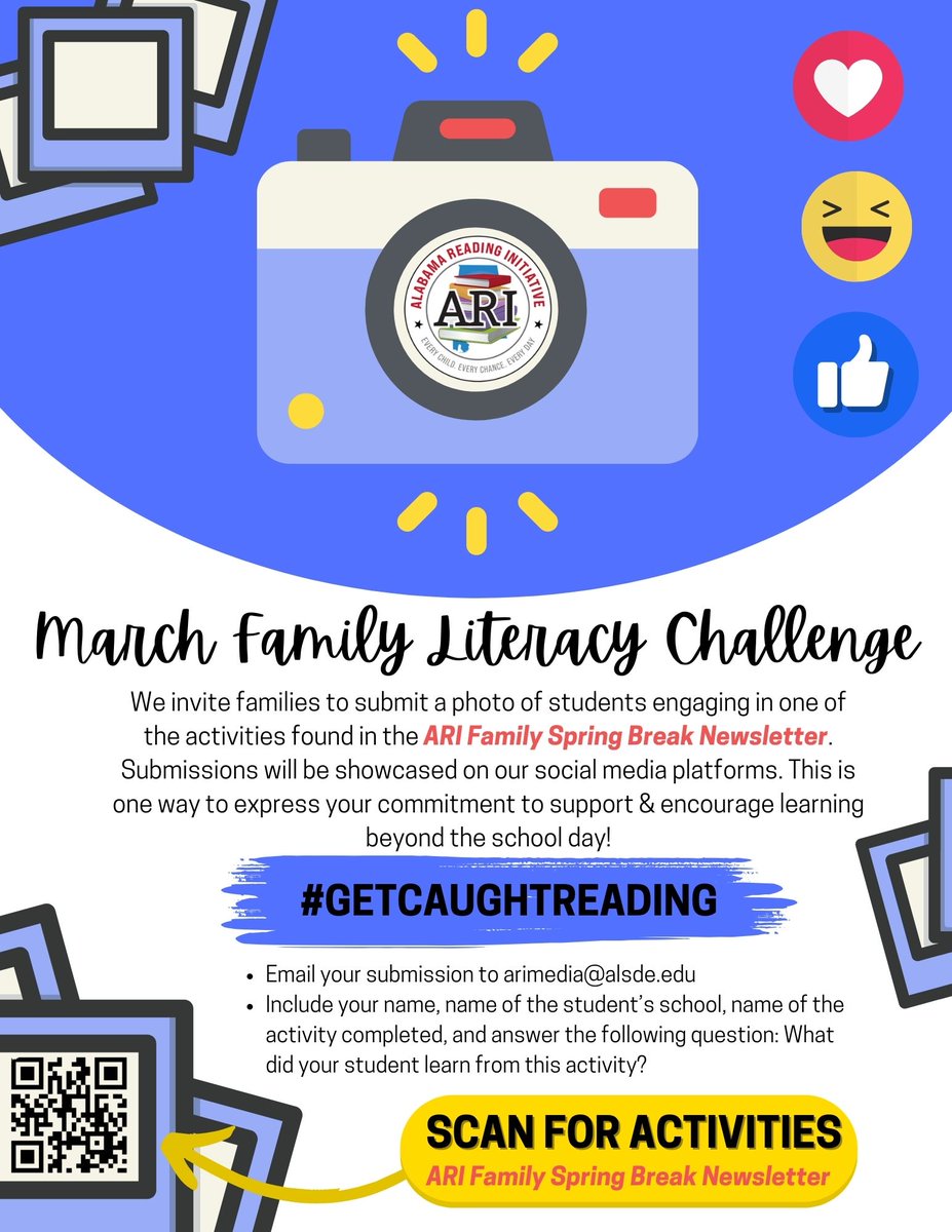 Check out our March Family Literacy Challenge! 📚#GETCAUGHTREADING 

We want to showcase Alabama families! 😀

See our Spring Break Literacy Activities newsletter here: smore.com/ca4ry-spring-b…