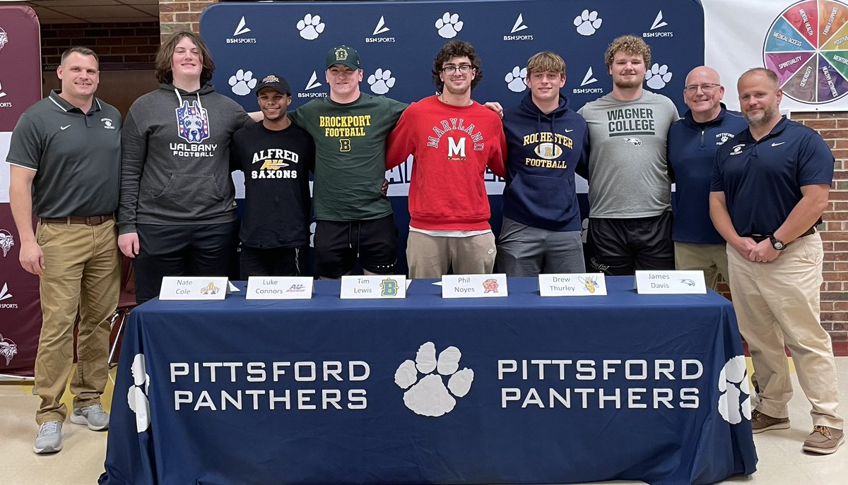 Pittsford Athletics (@pcsdathletics) on Twitter photo Congrats to the Panther football players committing to play at the next level: <a href="/SteveMarriott_/">Steve Marriott</a> <a href="/CoachMolinich/">Keith Molinich</a>
Nate Cole- Albany
Luke Connors- Alfred
Tim Lewis- Brockport
Phil Noyes- Maryland
Drew Thurley- U of R
James Davis- Wagner Congrats to the Panther football players committing to play at the next level: <a href="/SteveMarriott_/">Steve Marriott</a> <a href="/CoachMolinich/">Keith Molinich</a>
Nate Cole- Albany
Luke Connors- Alfred
Tim Lewis- Brockport
Phil Noyes- Maryland
Drew Thurley- U of R
James Davis- Wagner