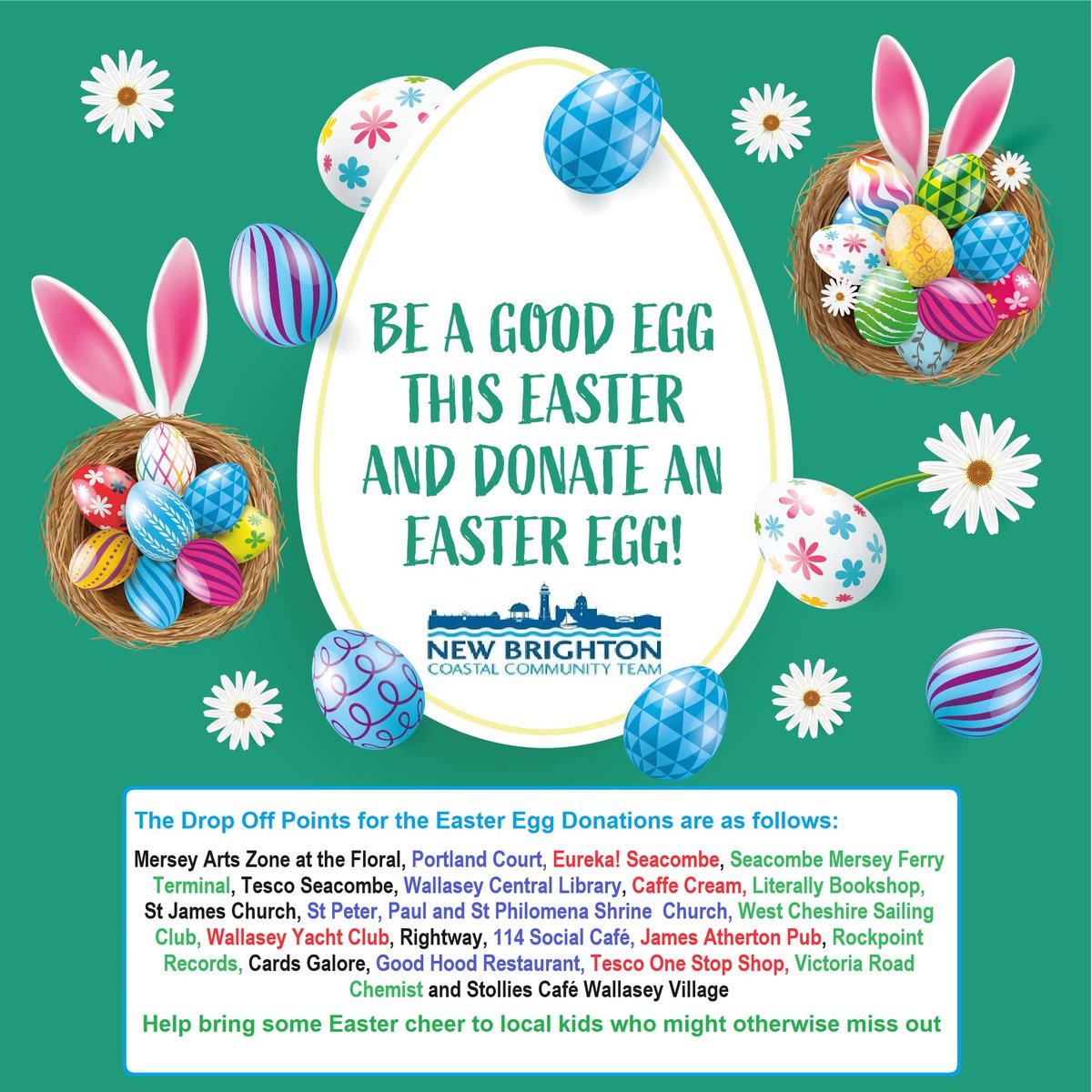We are delighted to launch our annual New Brighton Coastal Community Team Easter Egg Appeal with 21 donation stations throughout the New Brighton, Wallasey and Seacombe area. Make sure no local child misses out by giving generously. Thanking you in advance!!