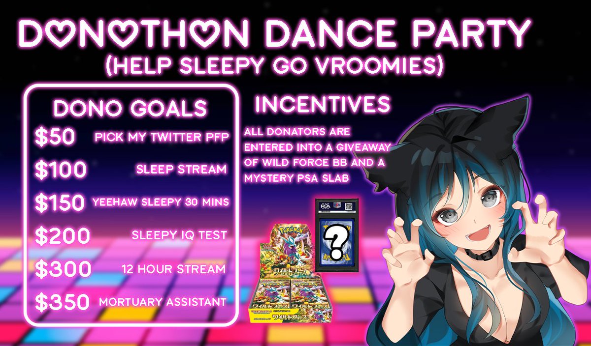 sleepygirlvt's tweet photo. sooo my car needs repairs that are expensive and i need some help paying it off. tonight at 6:30pm EST i will be hosting a sleepyJAM in hopes of raising some money towards my car.

all donators will be added to a giveaway pool for a wildforce booster box and a mystery psa slab! https://t.co/gq3RnYGEUM