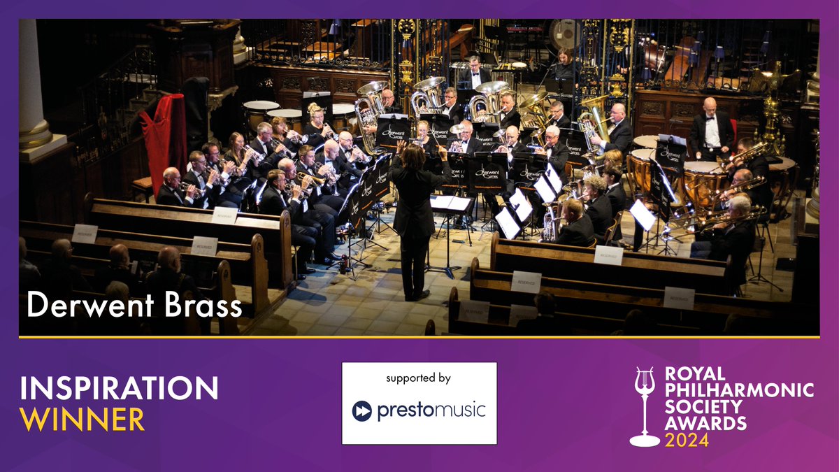 The winner of the RPS Inspiration Award is @DerwentBrass. 'A beacon of innovative programming in the Midlands' rich heritage of brass banding. Recently completing a 35-show run of Brassed Off at Derby Theatre, the group consistently innovates and entertains'. #RPSAwards