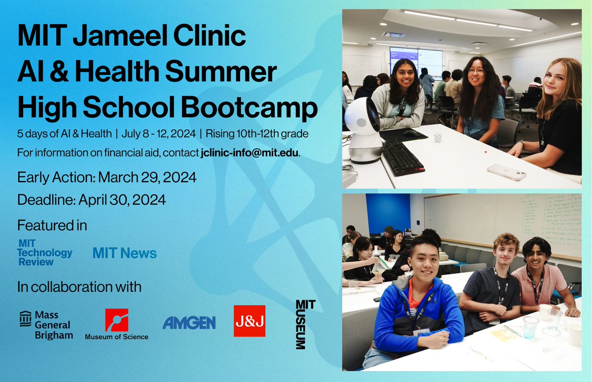 Our Early Action deadline for our AI & Health Summer High School Bootcamp is in less than a month and only 25 spots are available! High schoolers who are excited about AI in health are encouraged to apply and tell us their vision of healthcare's future: jclinic.mit.edu/events/high-sc…