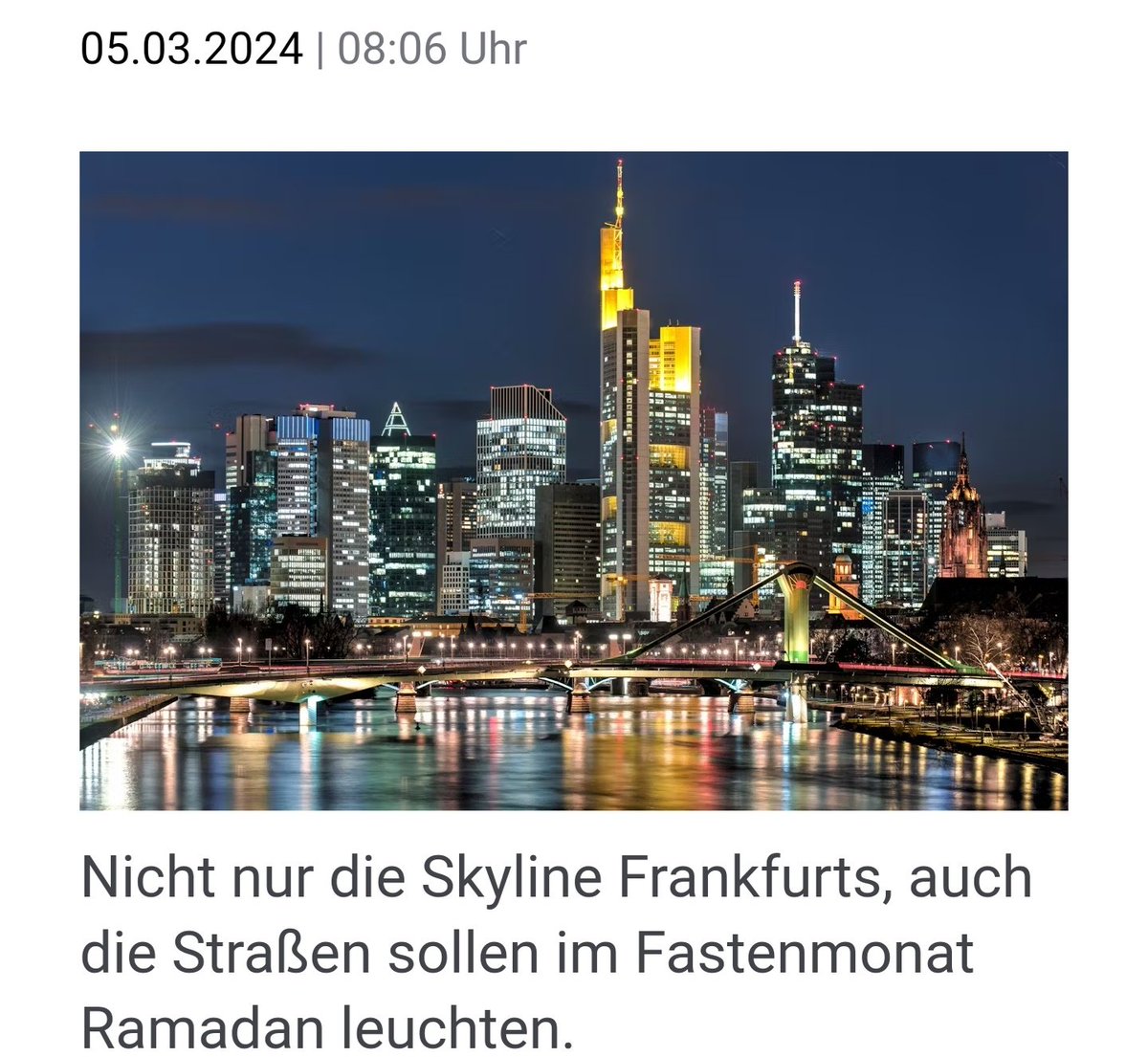 Almanya Frankfurt'ta #Ramazan ayımız için bir ilk yaşanıyor! 🤗 #Frankfurt am Main beleuchtet erstmals Straßen! Zum Fastenmonat #Ramadan beleuchtet die Stadt Frankfurt am Main erstmals Straßen und öffentliche Plätze. Es soll ein Zeichen für ein friedliches Miteinander sein.