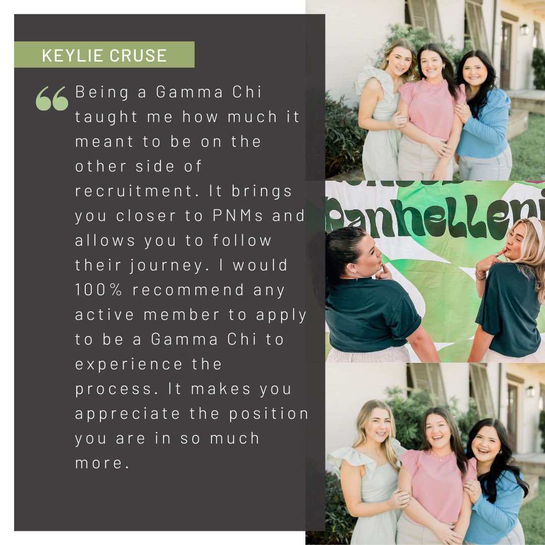Check out why Sydni and Keylie choose to be a Gamma Chi! They were partners last year during fall recruitment! 💚

Gamma Chi applications are due Monday 3/11 at 11:59!
Link in bio! Please join us for recruitment and help PNMs find their home! 

Geaux Greek and Geaux Gamma Chi! 💚