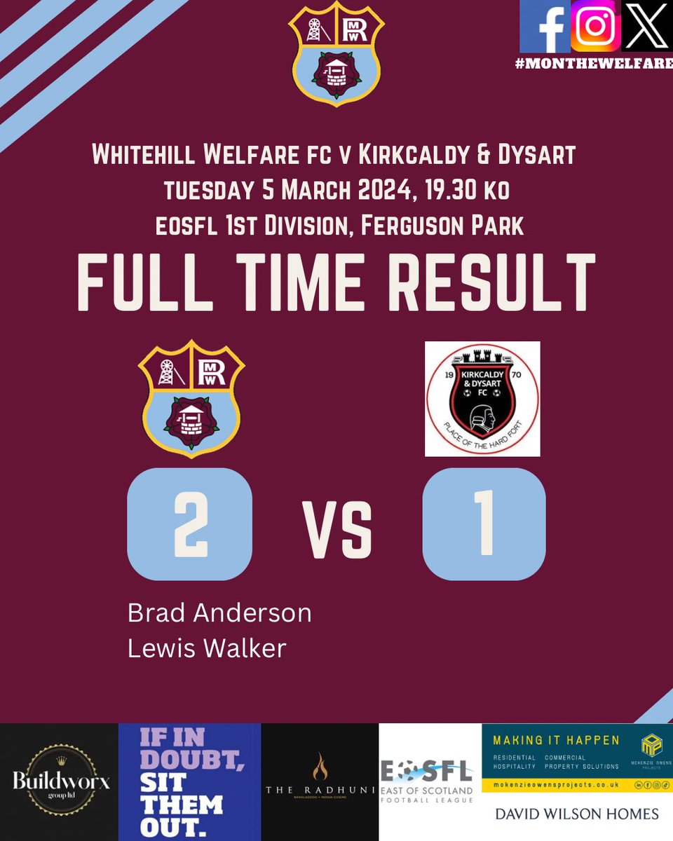 A fantastic 3 points for the welfare tonight after a 2-1 win here at Ferguson Park v Kirkcaldy &amp; Dysart

Goals coming from Brad Anderson &amp; Lewis Walker. Lewis was subsequently red carded for reasons unknown right now.

Whitehill Welfare 2 - 1 Kirkcaldy &amp; Dysart

#monthewelfare