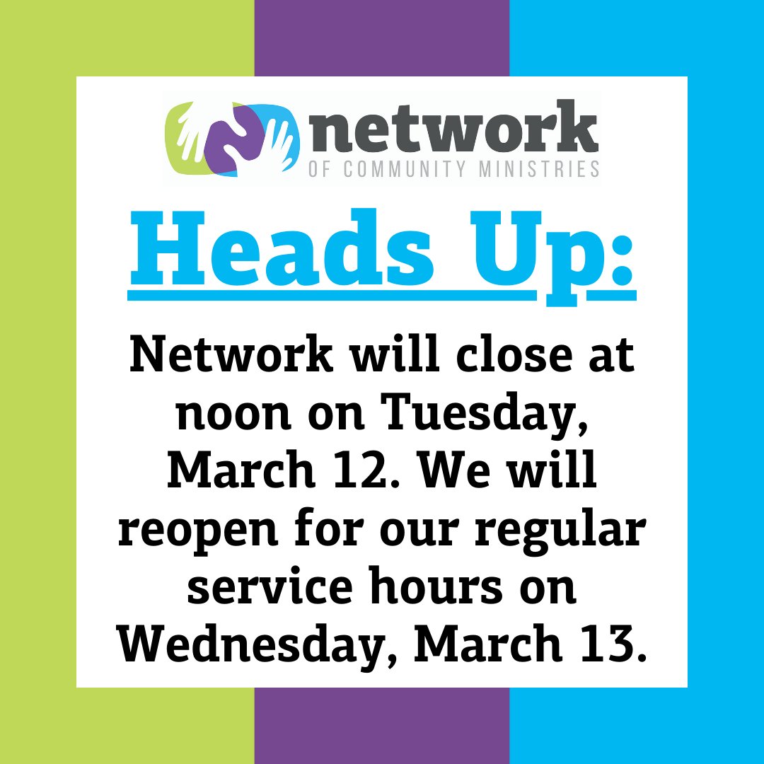Heads Up: Network will close at noon on Tuesday, March 12 for our quarterly staff retreat. We will reopen for our regular service hours on Wednesday, March 13. We apologize for any inconvenience.