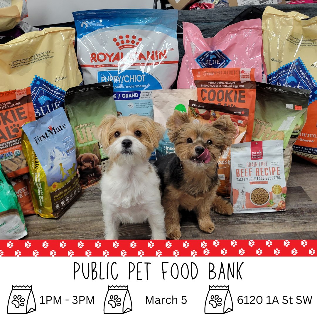 Join us TODAY for the Parachutes for Pets Public Pet Food Bank. 
📍Pet Advocacy Center 6120 1A St SW,
🕐 1pm - 3pm
🚪Entrance through the Client Door
🚨To access the Food Bank, kindly bring proof of low income. 
#yycpets #petfoodbank #petfood #humananimalbond #yycdog #yyccat