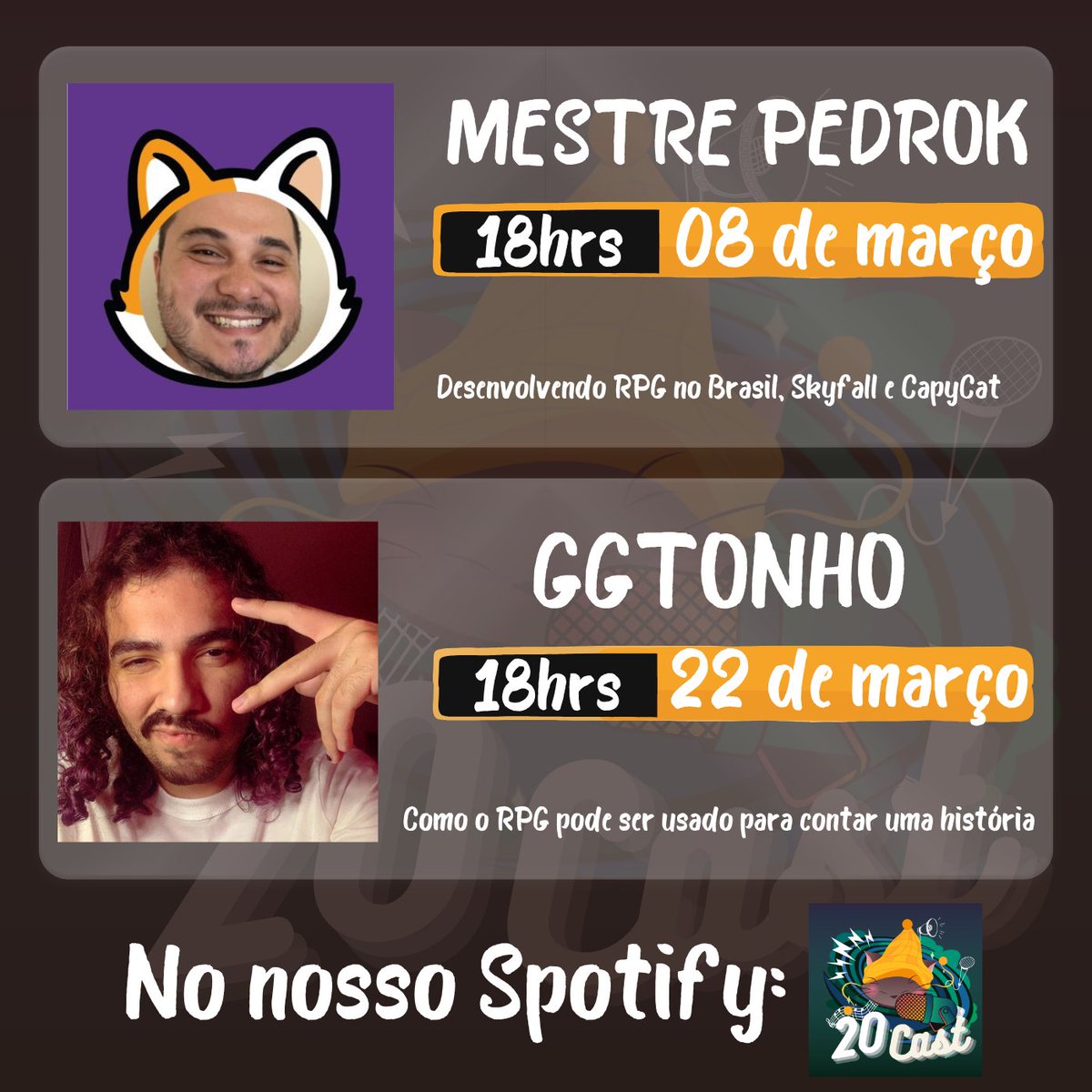 20ladosrpg's tweet photo. E como prometido, confira quais serão os convidados do #20Cast nesse mês! Mas até lá, que tal conferir os nossos episódios já lançados?
https://t.co/e2RUcjviU9 https://t.co/h4JxSlzqth