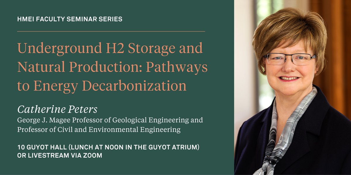 Professor Catherine Peters @123catherinep will present “Underground H2 Storage and Natural Production: Pathways to Energy Decarbonization” TODAY at 12:30 p.m. for our second spring ’24 HMEI Faculty Seminar. 🔗 environment.princeton.edu/event/undergro…