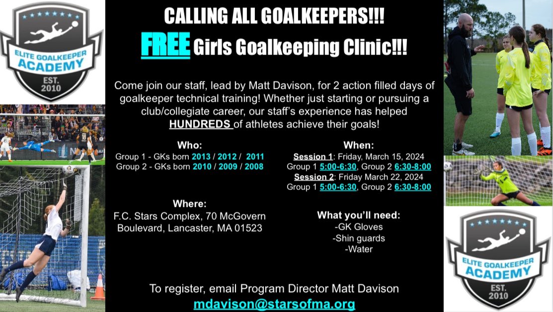 Calling all goalkeepers!!! Join us for a FREE CLINIC on March 15 and 22 and a great night of goalkeeping. 

Email mdavison@starsofma.org to register! #GKUnion #goalkeepers