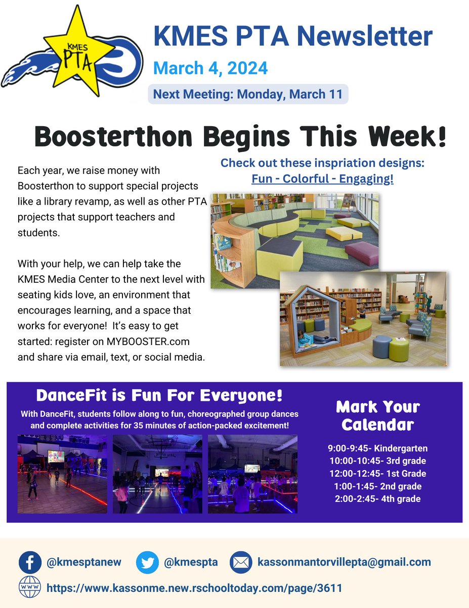 Our annual <a href="/choosebooster/">Booster</a> fundraiser begins THIS Wednesday with Dance Fit event day on Thursday, March 14!🥳

We set a BIG goal of $40,000 to support a Media Center revamp - as well as maintain the many ways we support KMES teachers &amp; students annually!  🙌

<a href="/KMElem/">KM Elementary School</a>