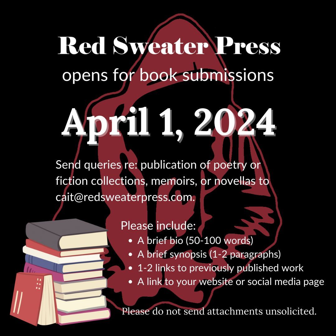 RedSweaterPress's tweet photo. Poets and prose writers, polish those manuscripts! We open for queries re: publication of book-length collections next month. Check out the FAQ and Services page of our website at https://t.co/j3qMC26kuc for more information. https://t.co/f8DfCcX9vA