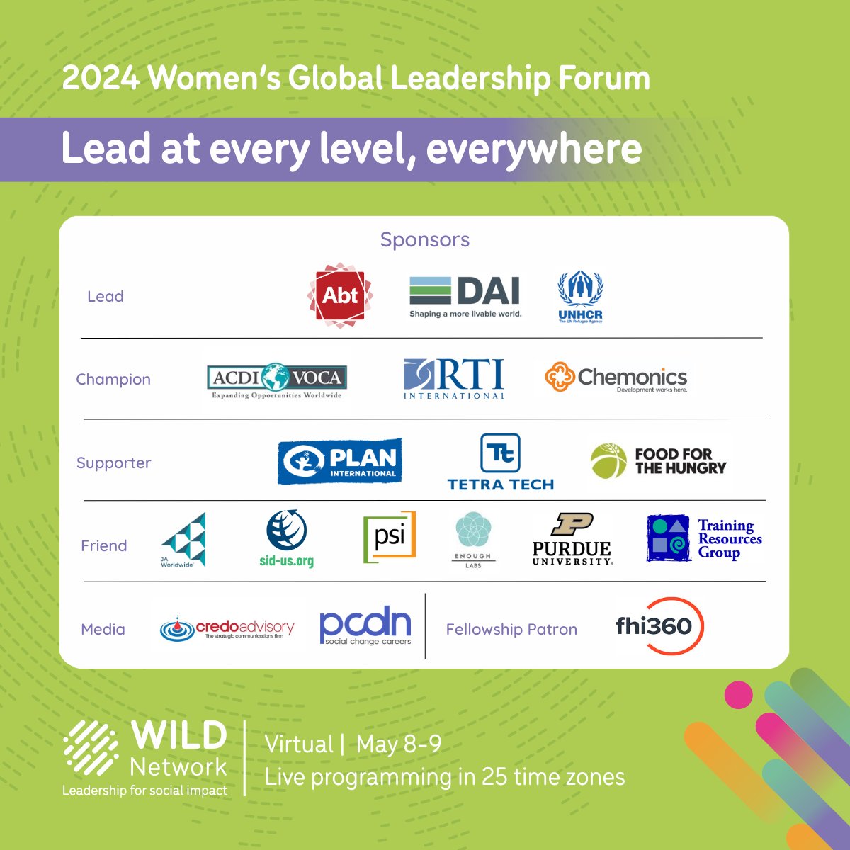 19 leading #globaldev companies are sponsoring the virtual 2024 Women’s Global Leadership Forum.

Will you join them?

Learn more:
thewildnetwork.org/forum/partners/

#WILDLeaders #GlobalPerspectives #Sponsorship