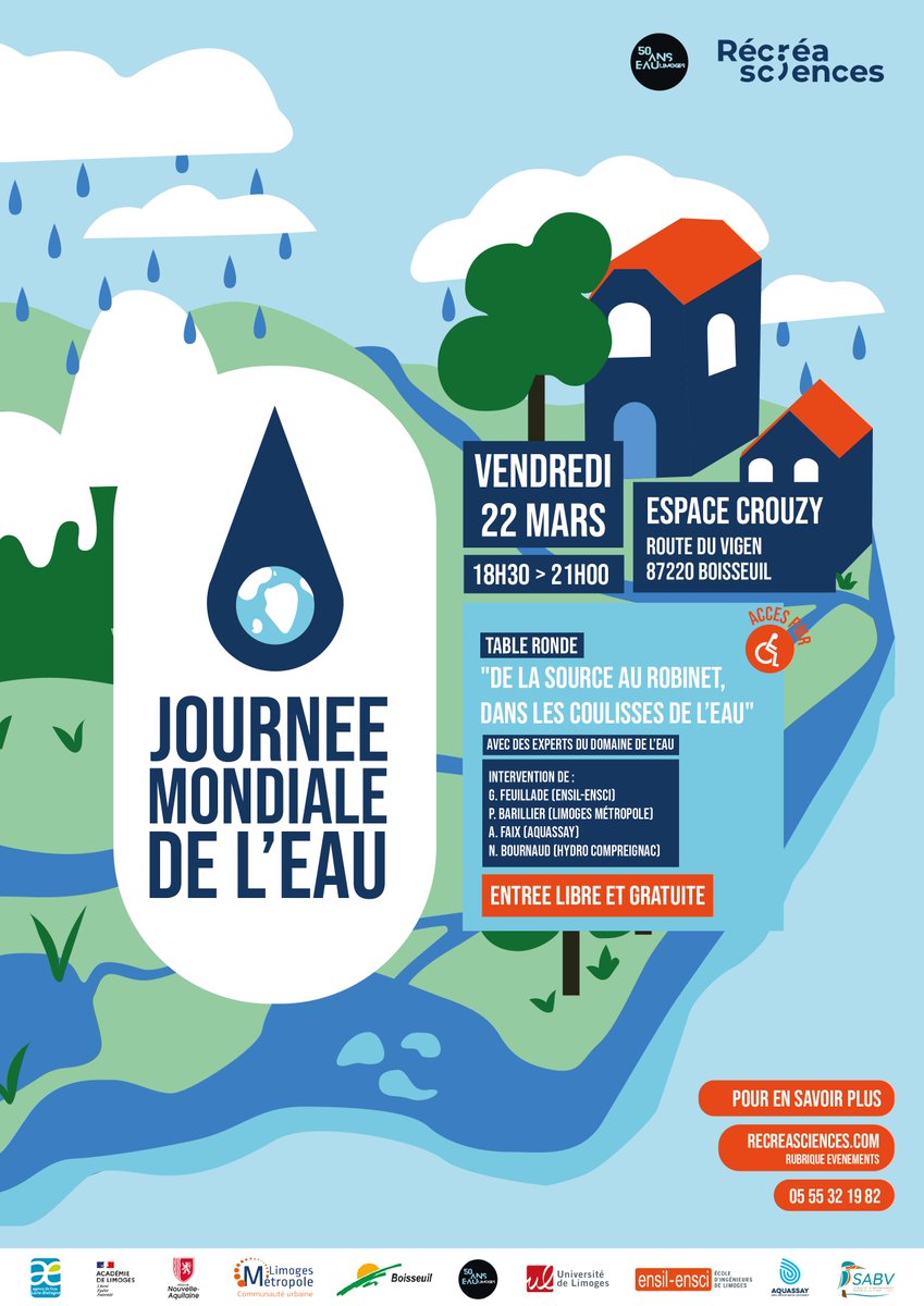 #50ansEauLimoges Journée Mondiale de l'Eau - Jeudi 22 Mars Au programme avec @recreasciences : - 9h00 - 16h00 pour les scolaires : à la découverte de l’eau pour les CM1 & CM2 - 18h30 : Table ronde 'De la source au robinet, les coulisses de l’eau' à l'espace Crouzy à #Boisseuil