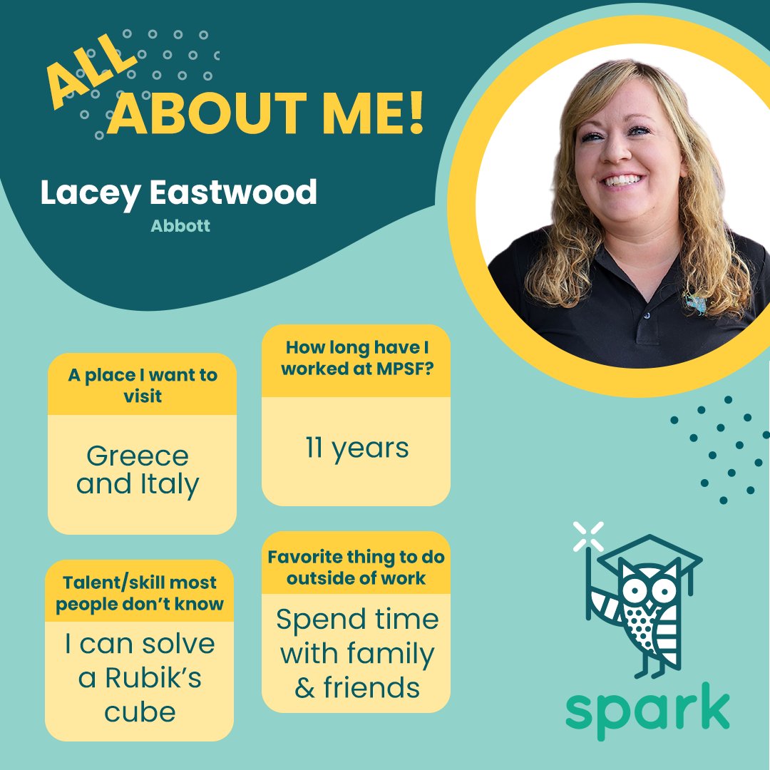 For this week's 🌟Spark Director of the week🌟 we are highlighting Lacey Eastwood! Lacey has been with us for 11 years and works at Abbott Elementary!