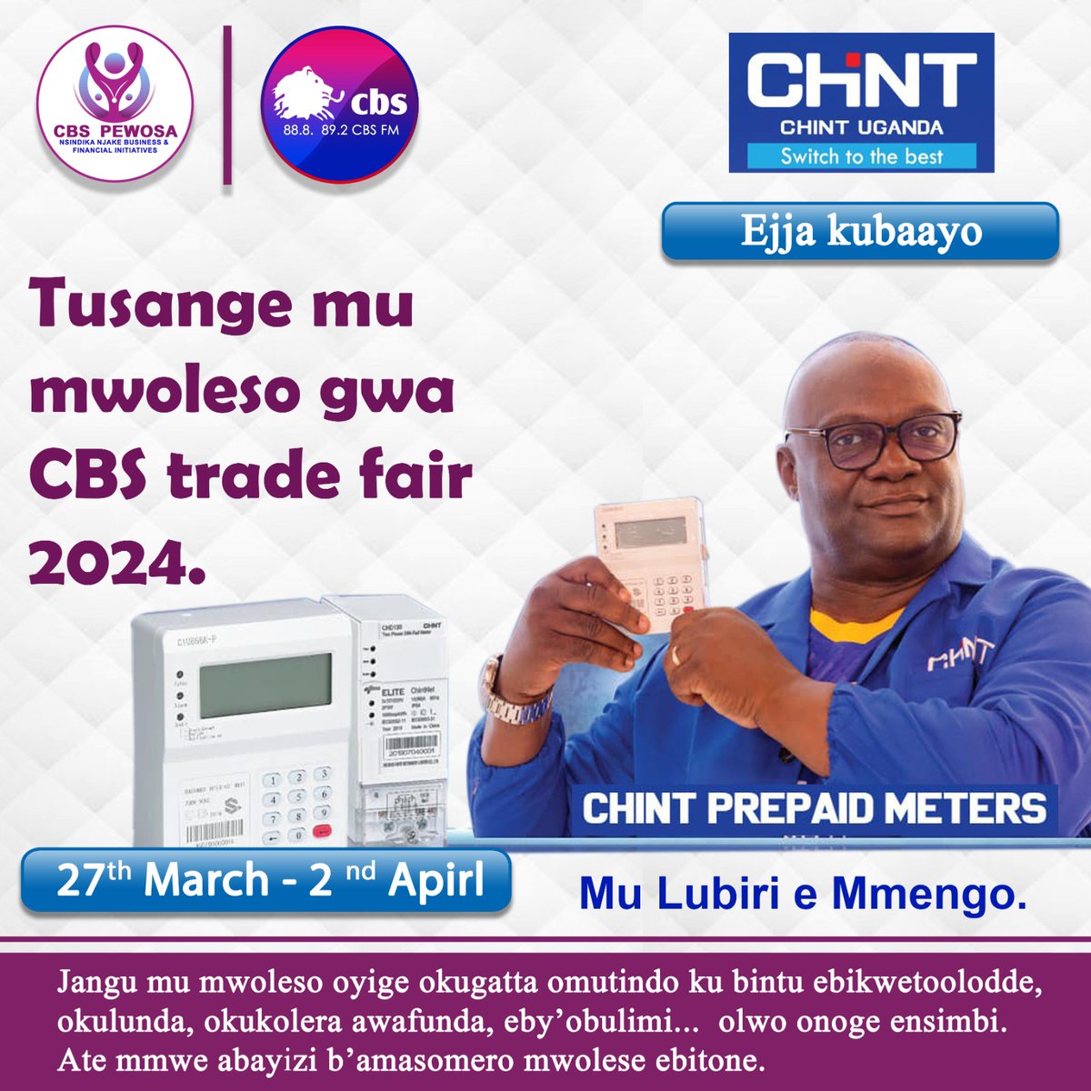 cbs_njake's tweet photo. CHINT Prepaid meters are  the best solution for Bulk metering or claster metering projects and Kampala electric mart is the exclusive Distributor !
#CBSPEWOSATRADEFAIR2024 https://t.co/TMLEILGeZR