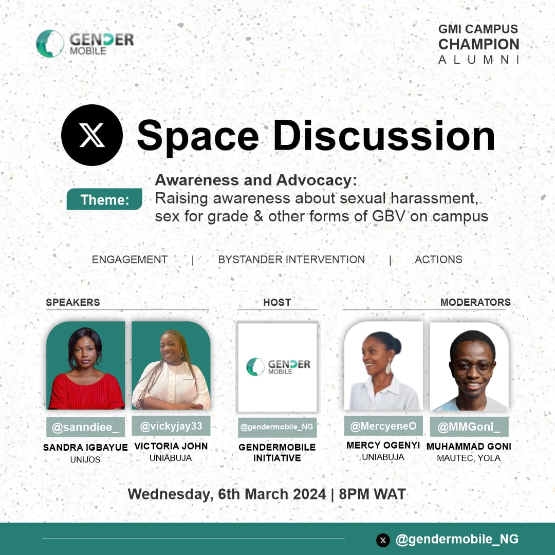 YakubuFasting's tweet photo. 📢 Join us the Alumni of Gender Mobile Initiative Campus Champion on a conversation to combating sexual harassment and gender-based violence in Nigerian tertiary institution.

Venue:  Twitter Space
Date/time:  March 6th at 8pm*.

https://t.co/QqH9FYd3iw

 #EndSexualHarassment https://t.co/kQ3wbyHXPo