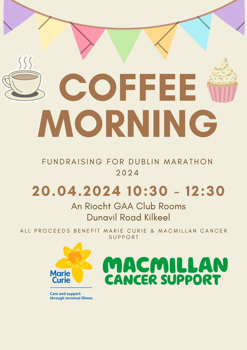 As part of our fundraising campaign for Dublin Marathon we are holding a Coffee Morning at An An Ríocht Gaa on Saturday 20th April from 10:30. Hope to see as many of you there to support us and enjoy a 🧁☕️ if anyone would like to donate any buns, cakes etc all welcome