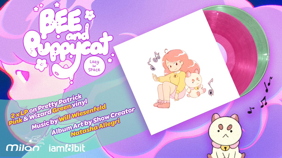 NEW: Join Bee and her pal PuppyCat on all sorts of space-faring adventures with the BEE AND PUPPYCAT 2xLP! 🐝Pink & Green Vinyl 🐶Music by @BATHSmusic 🐈All-new, original album art by series creator @natazilla Preorders are LIVE Thursday, March 7 at 9 AM PT!