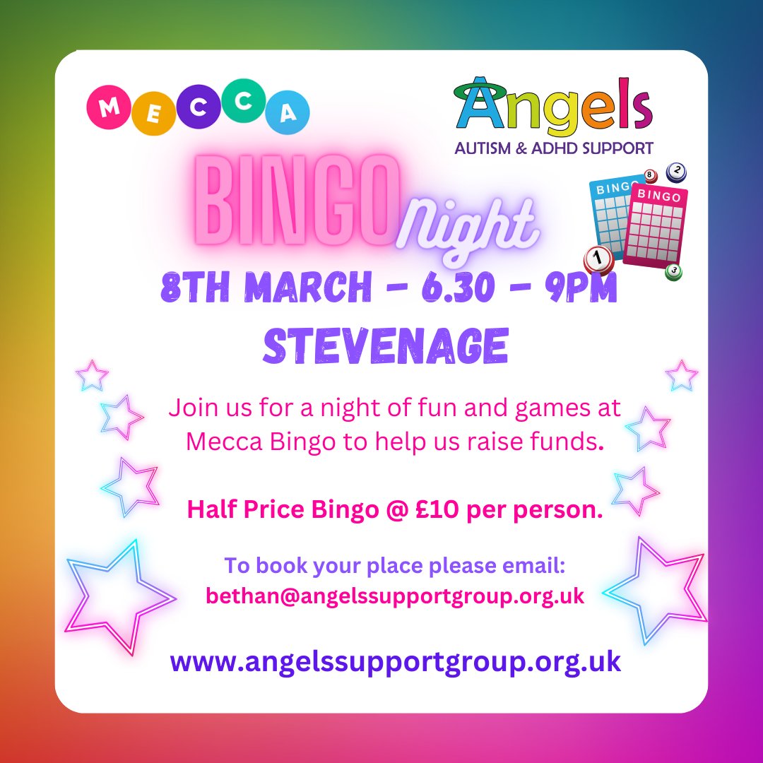 Join us this Friday at Mecca Bingo in Stevenage - please email Bethan to book your place.