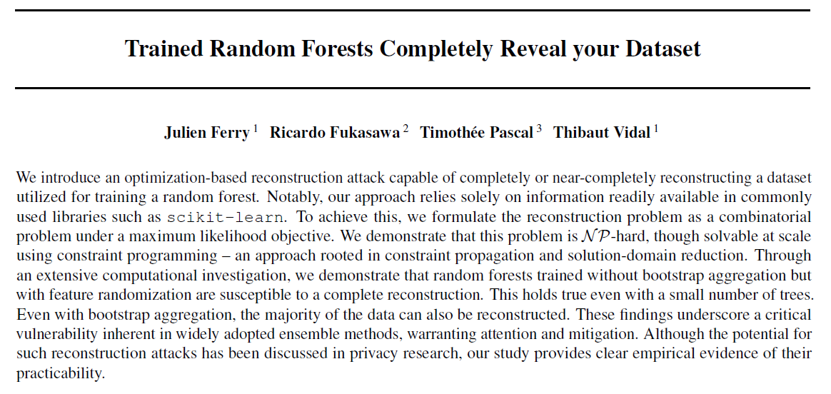*Trained Random Forests Completely Reveal your Dataset!* arxiv.org/abs/2402.19232…
#MachineLearning models encode extensive information that can be exploited to reconstruct most --if not all-- of their private training data. Wanna know how? Buckle up! (1/8)