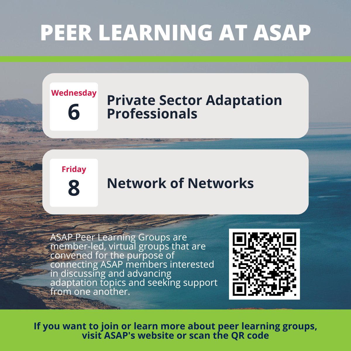 💡 Join ASAP for 2 Peer Learning groups this week! Start with the Private Sector Adaptation Professionals Meeting WEDNESDAY from 4-5PM ET. 🔗  bit.ly/3IQhz23 ➕ Network of Networks, Friday, March 8 from 1-2PM ET 🔗  bit.ly/3QmZhGn  #climateadaptation #networking
