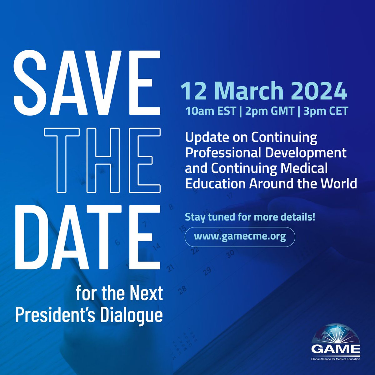 Join GAME President Eva Thalmann & a panel of healthcare experts for an update on #CPD & #CME around the world. 12 March 2024 at 3 pm CET, 1 pm GMT, and 10 am EDT Save the date & stay tuned for more details! #GAMEcme #medicaleducation #healthcare #lifelonglearning