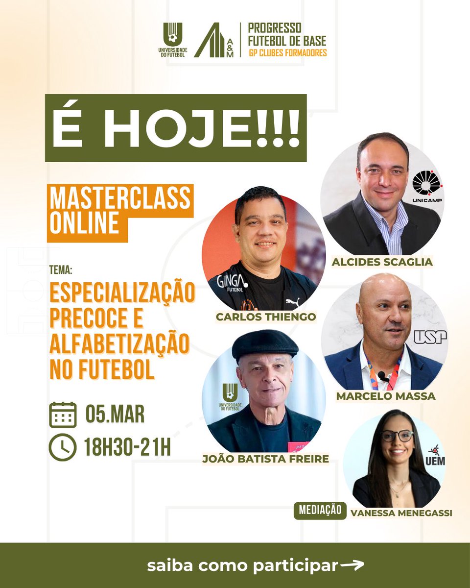 É hoje (05/03), e daqui a pouco (18h30)! 

Não perca essa grande masterclass do Progresso Futebol de Base, aberta e gratuita pra toda comunidade do futebol!

Inscreva-se e receba o link da transmissão por aqui:
sympla.com.br/evento-online/…