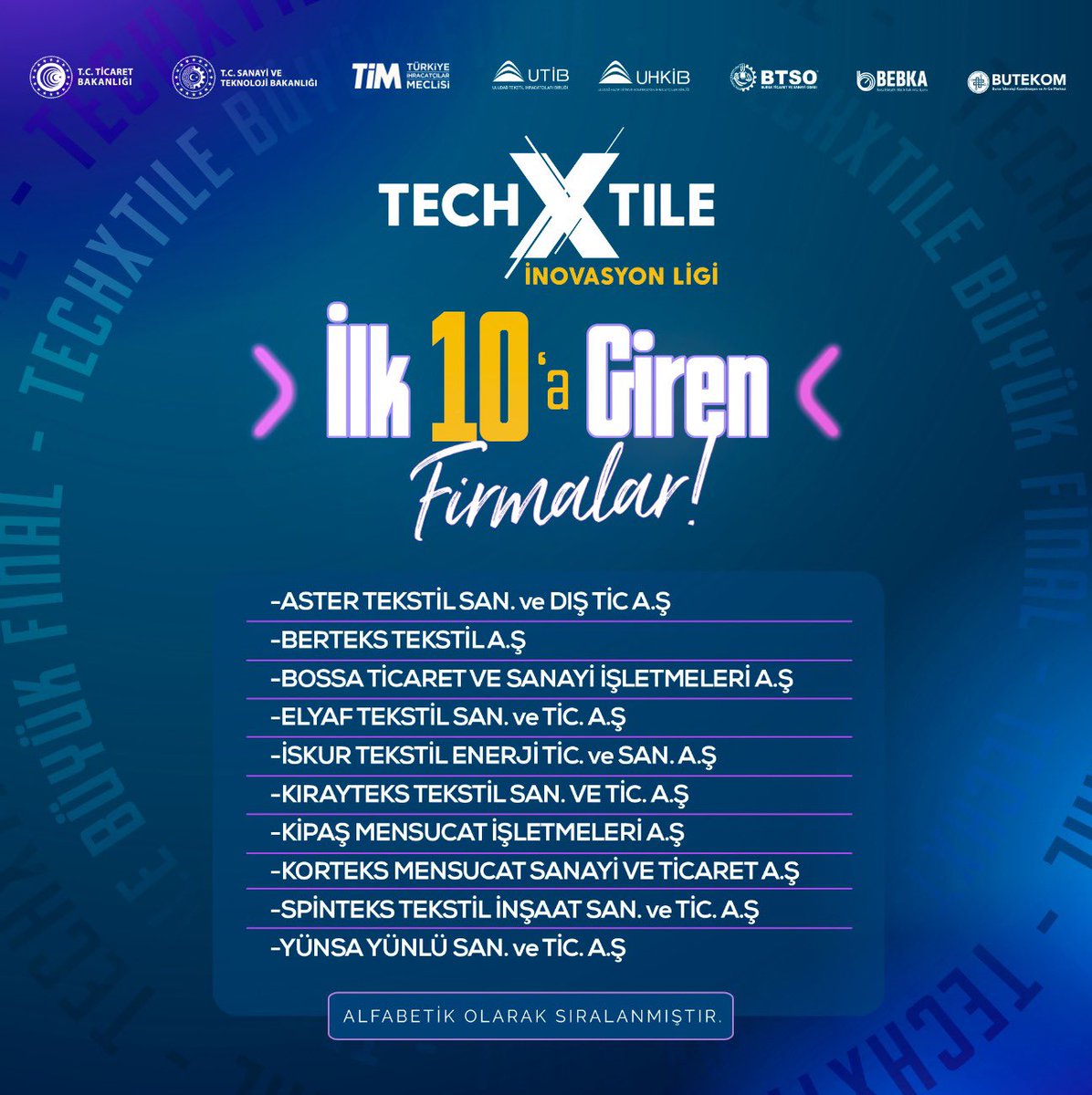 TechXtile İnovasyon Ligi’nde ilk 10’a giren firmalar belli oldu! 
Katılım sağlayan herkese teşekkür ederiz.