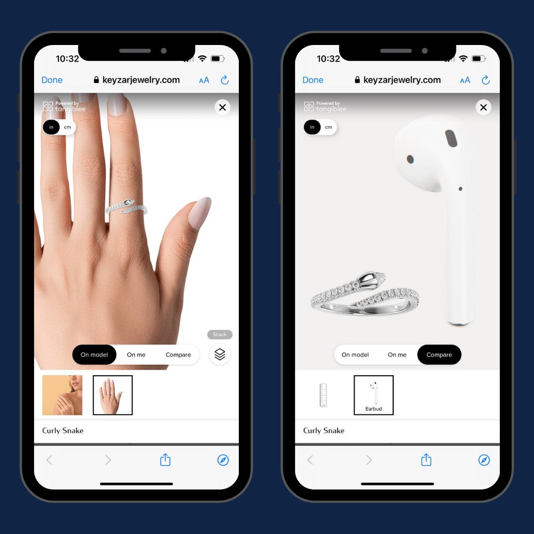Learn how @keyzarjewelry turned online jewelry shopping into an immersive experience with these Tangiblee's features: 💎On me. 💎On Model. 💎Compare To. 💎Stacking. Schedule a free demo today: hubs.ly/Q02n7jjY0 #ecommerce #immersiveshopping #onlineretailers #virtualtryon