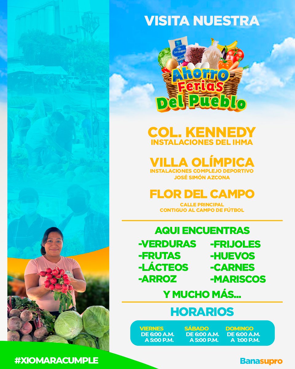 ¡Visita! 👉 "𝗔𝗵𝗼𝗿𝗿𝗼 𝗙𝗲𝗿𝗶𝗮𝘀 𝗗𝗲𝗹 𝗣𝘂𝗲𝗯𝗹𝗼"
✅ Col. Kennedy
✅ Villa Olímpica
✅ Flor del Campo
Aquí encuentras calidad, frescura y mejores precios en: verduras, frutas, lácteos, arroz, frijoles, huevos, carnes, mariscos, entre otros. 

#ProductoresNacionales