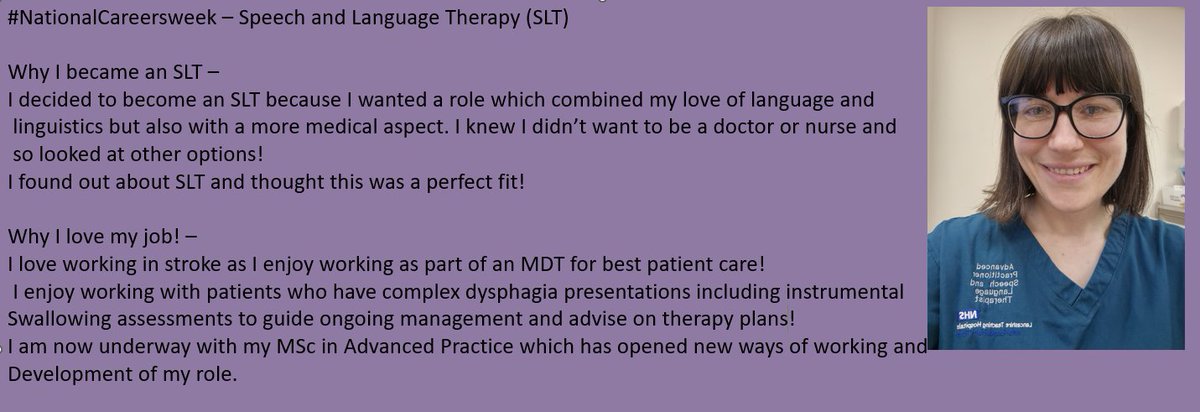 #Nationalcareersweek #whyslt
@RCSLT @LancsHospJobs 
First up - our Stroke Lead SLT @SltLucy on why she became an SLT 🤩🌟💜