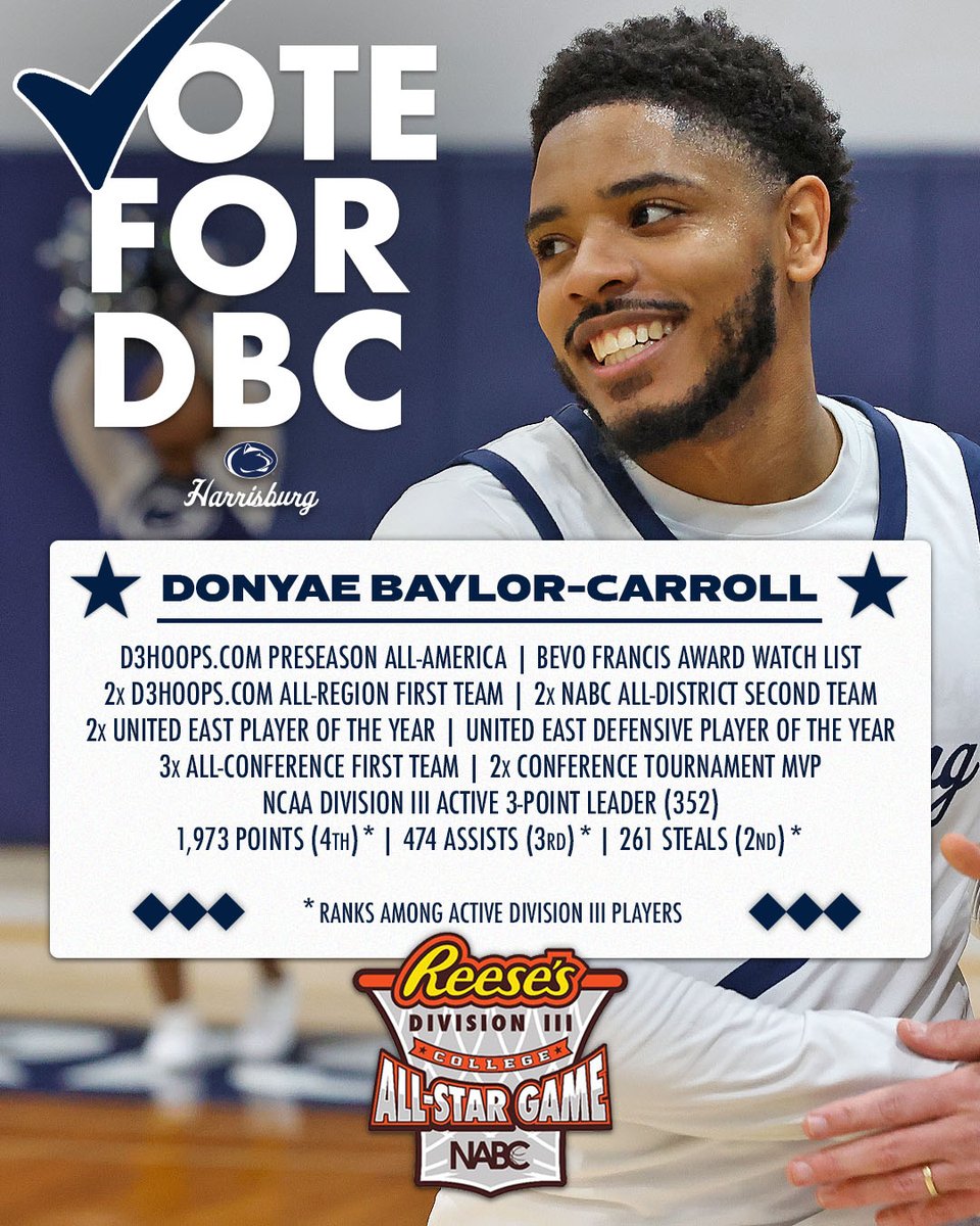 PSHbgAthletics's tweet photo. 🗣️ VOTE FOR DONYAE

Cast your vote for #pshbgmbb's Donyae Baylor-Carroll for the @NABC1927/@reeses Division III All-Star Game! Voting is open until Thursday at noon ⤵️

🗳️ https://t.co/6Imbequrfy

@smcollegehoops | @GoUnitedEast | @miltonhershey

#d3hoops | #PrideSpiritHonor https://t.co/cv5r15eigz