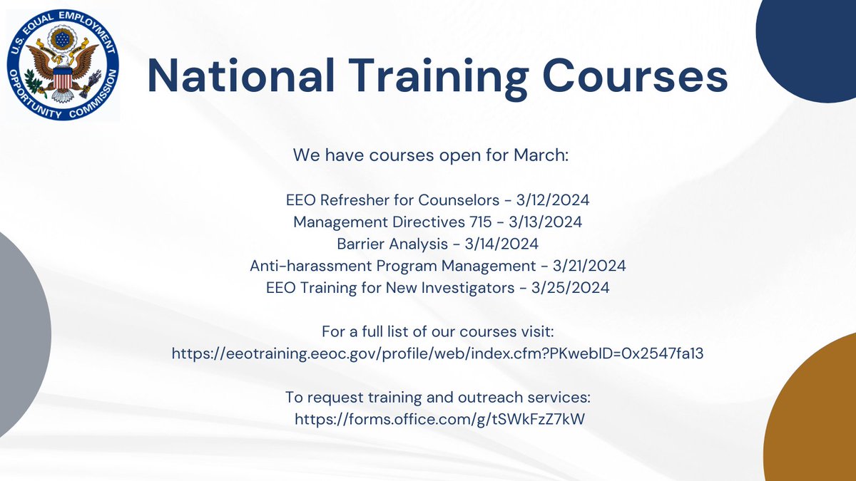 EdconEeoc's tweet photo. The EEOC Training Institute has seats available for our March National Training Courses. For a full list of our courses: https://t.co/EAgPBg8W9T
To request training and outreach services: https://t.co/anUmhLvOWn https://t.co/cgBZdx0eQC