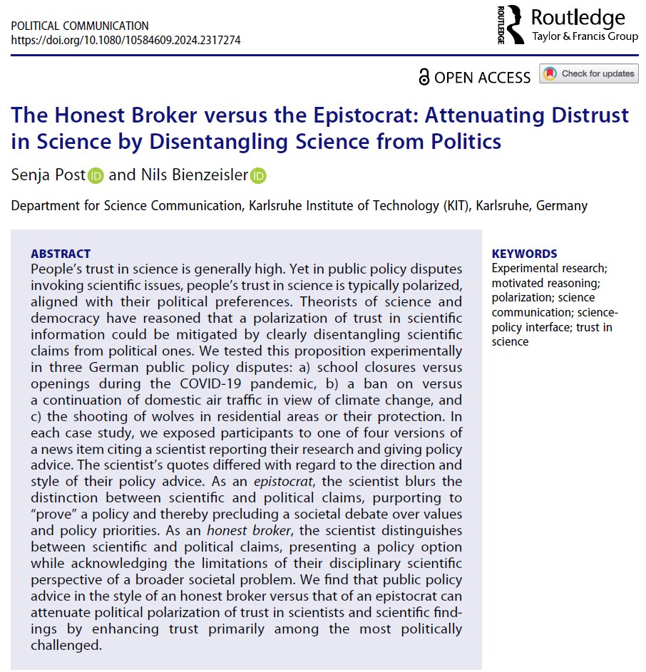 New study with @NilsTokolosh. Based on experiments in three controversies, we show that an attitudinal polarization of trust in science can be mitigated when scientists adopt the styles of honest brokers versus that of epistocrats when giving public policy advice, i.e.... (1/2).