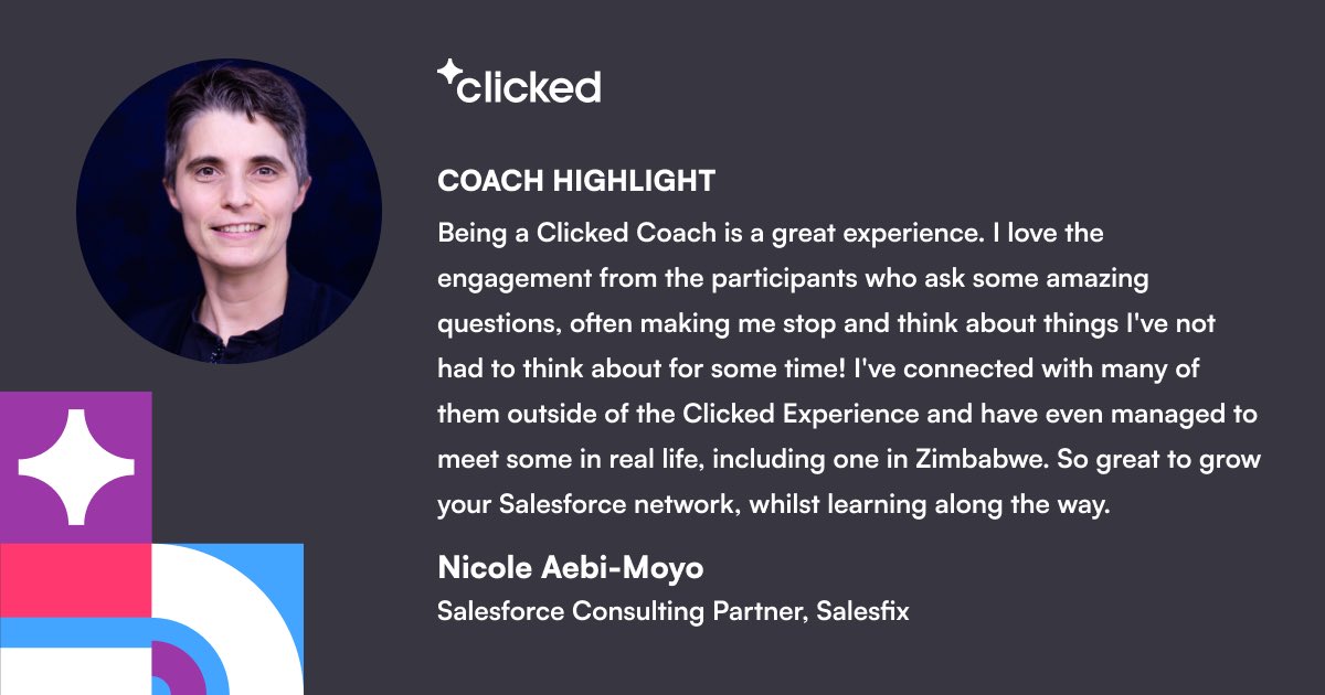 🌟 Meet our Clicked Coach Nicole! Sparking learning & connections in the Salesforce community! From engaging discussions to real-life meetups, their journey is about growth. Dive into a world where questions inspire & connections thrive! ✨ #SalesforceCommunity #ClickedCoach