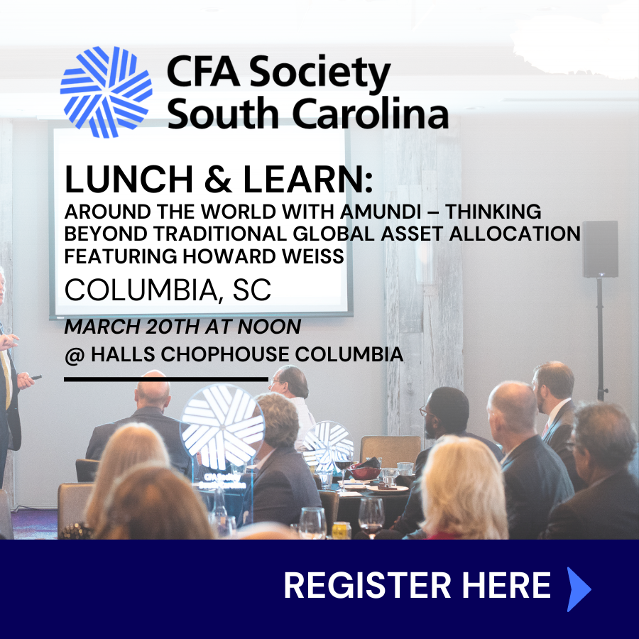 JUST ANNOUNCED! 🗓️ Don't miss this opportunity to join CFA SC and guest speaker, Howard Weiss, at Halls Chophouse for his presentation on "Around the world with Amundi – Thinking Beyond Traditional Global Asset Allocation"! Register here: cvent.me/zQMe21