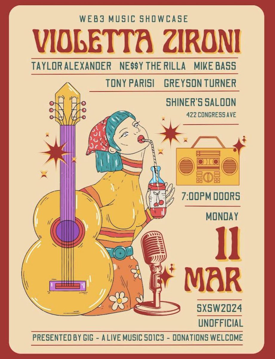 violettazironi's tweet photo. SHOW ANNOUNCEMENT - AUSTIN, TX

Excited to play in AUSTIN next week 🔥

SXSW times and we’re bringing web3 music to town.

I would LOVE LOVE LOVE to see you there https://t.co/YC0X14YddY