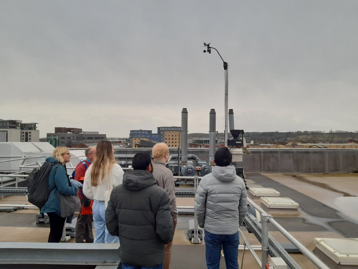 Last week the Lincoln Climate Research Group & Lincoln @The_GA hosted climate scientist Dr Julie Jones (of @sheffieldgeog). Photo: inspecting our automatic weather station on the rooftop of the Isaac Newton Building - lincoln.ac.uk/geography/weat…