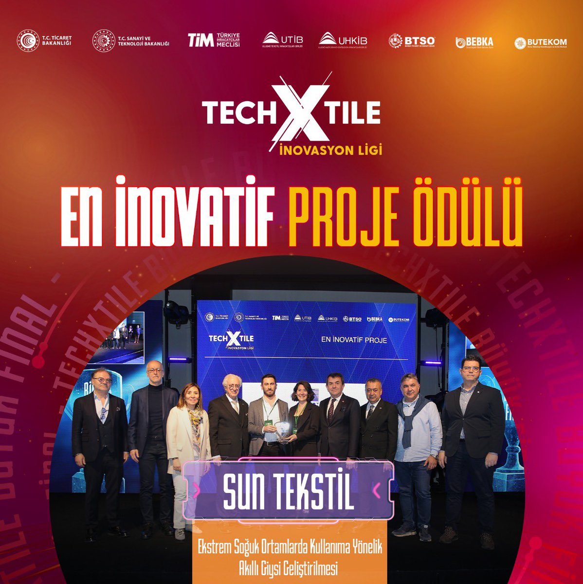 TechXtile İnovasyon Ligi’nde En İnovatif Proje Ödülü sahibini buldu! SUN TEKSTİL, “Ekstrem Soğuk Ortamlarda Kullanıma Yönelik Akıllı Giysi Geliştirilmesi” projesi ile ödülünü aldı!